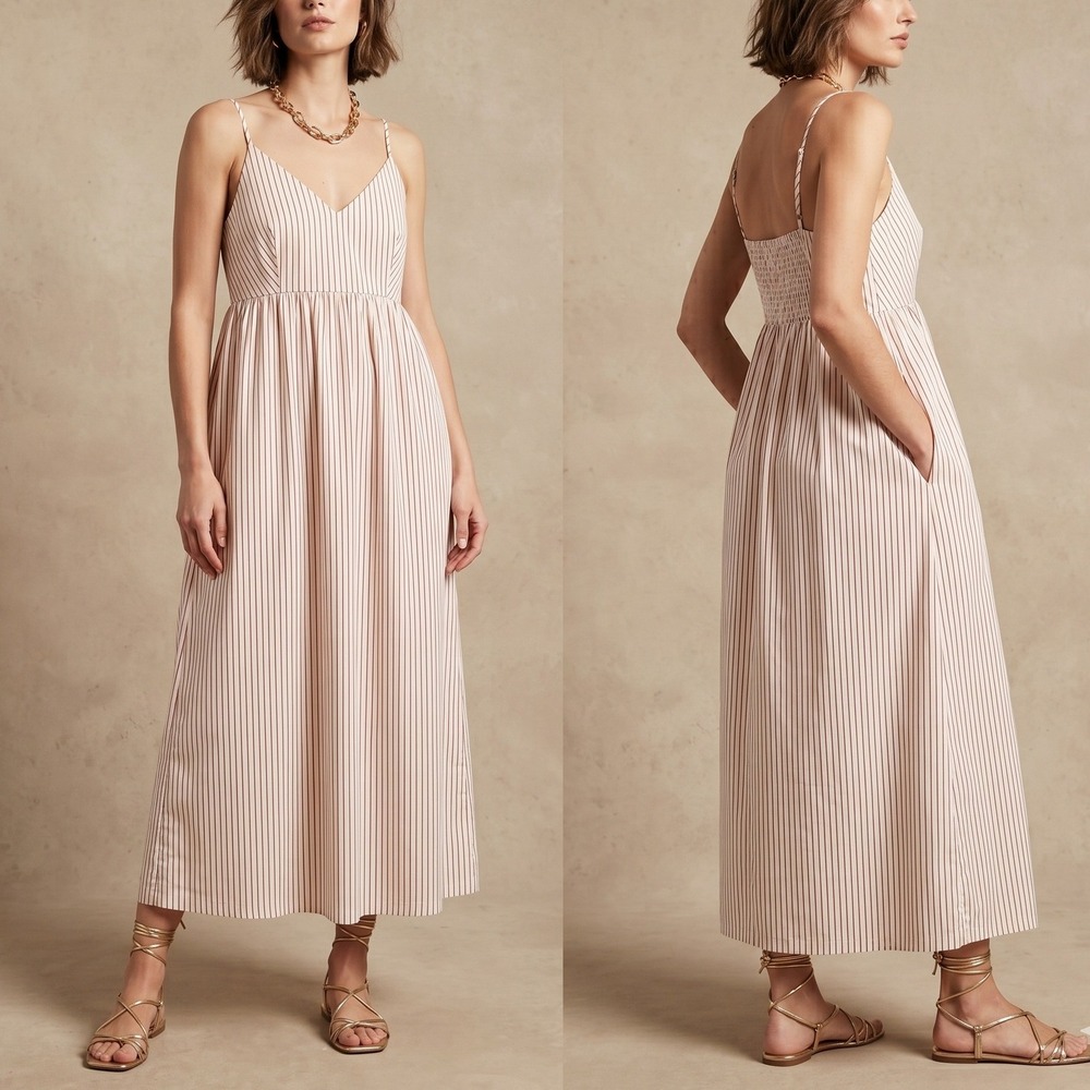 Quince Organic Cotton Spaghetti Strap Maxi Dress Size Large Pinstripe Cream Red